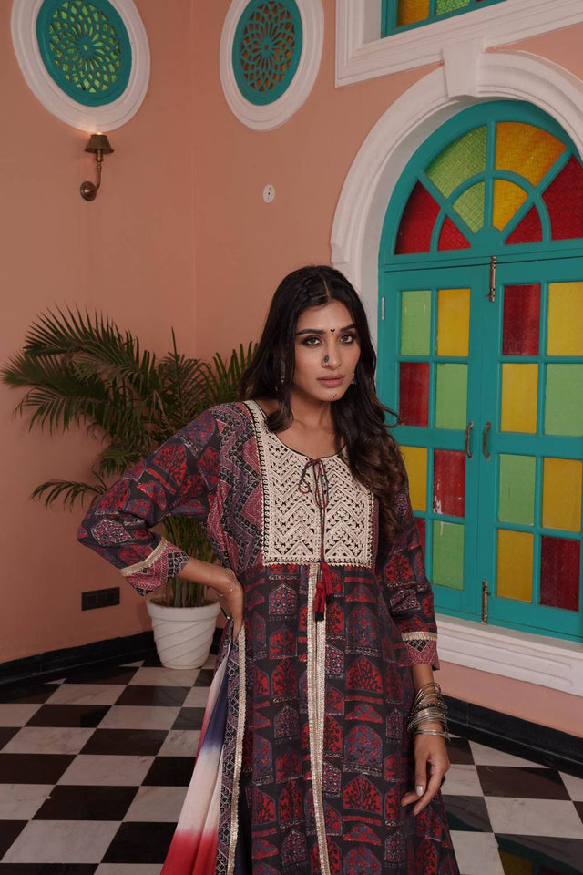 Red Ajrakh Printed Cotton Kurti Pant Set