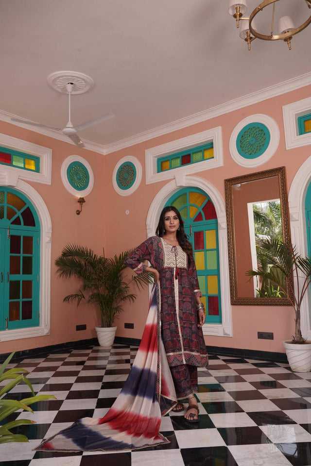 Red Ajrakh Printed Cotton Kurti Pant Set