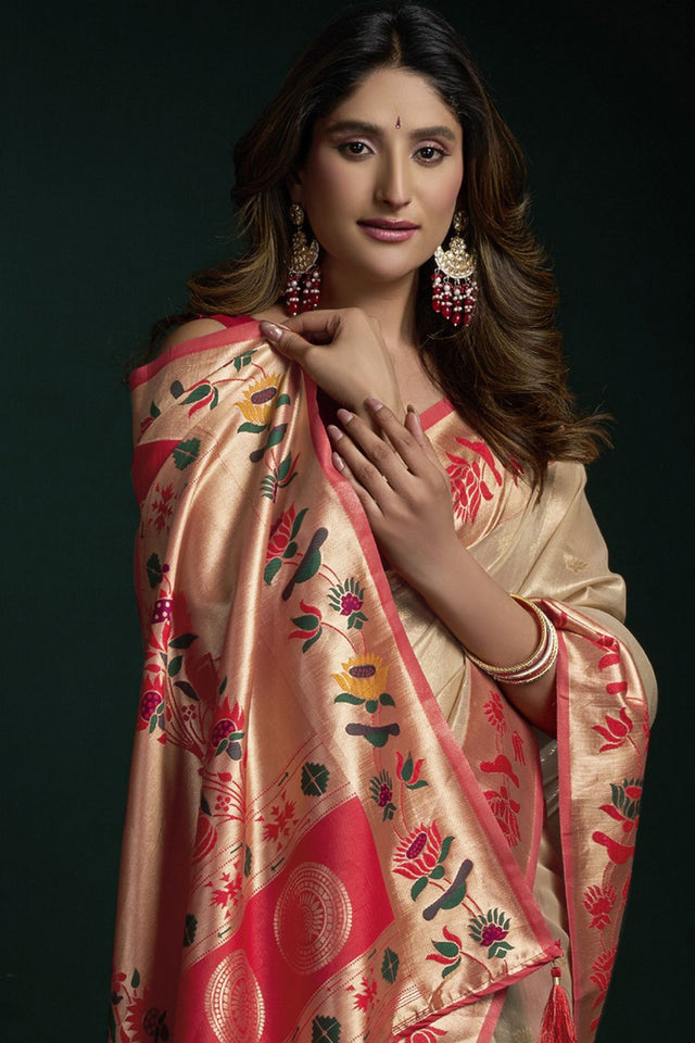 Off White Paithani Woven Tissue Saree (Seerat-3401)