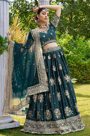 Dark Green Embroidered Silk Lehenga