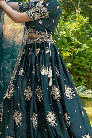 Dark Green Embroidered Silk Lehenga