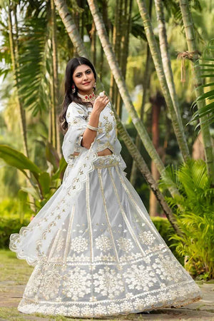 Grey Embroidered Net Lehenga