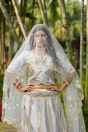 Grey Embroidered Net Lehenga