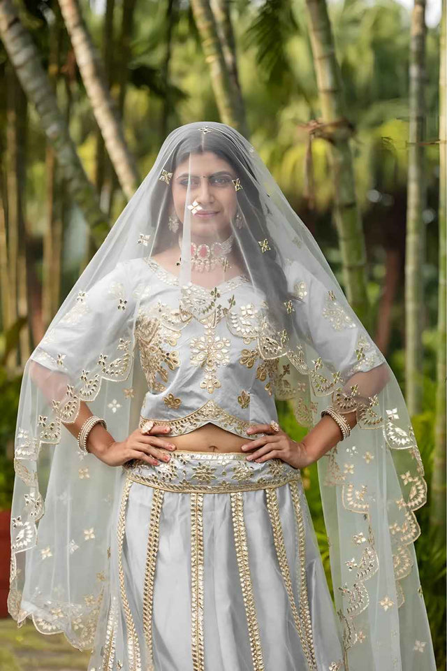 Grey Embroidered Net Lehenga