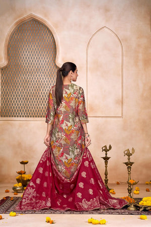 Brown Floral Printed Modal Chanderi Straight Cut Suit Set
