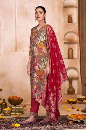 Brown Floral Printed Modal Chanderi Straight Cut Suit Set