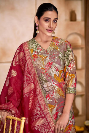 Brown Floral Printed Modal Chanderi Straight Cut Suit Set