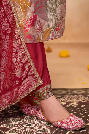 Brown Floral Printed Modal Chanderi Straight Cut Suit Set