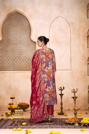 Violet Floral Printed Modal Chanderi Straight Cut Suit Set