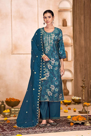 Blue Floral Printed Modal Chanderi Straight Cut Suit Set