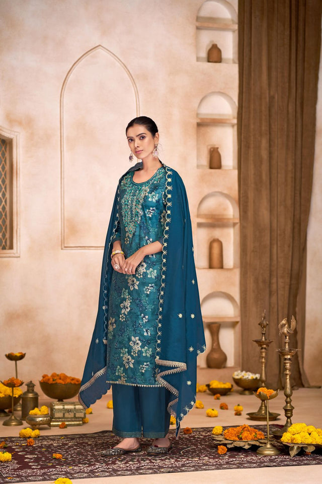 Blue Floral Printed Modal Chanderi Straight Cut Suit Set