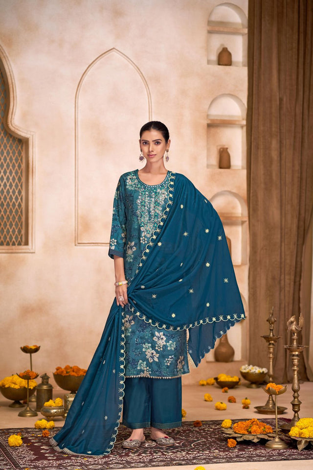 Blue Floral Printed Modal Chanderi Straight Cut Suit Set