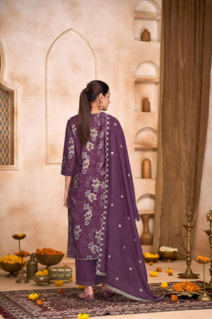 Violet Floral Printed Modal Chanderi Straight Cut Suit Set