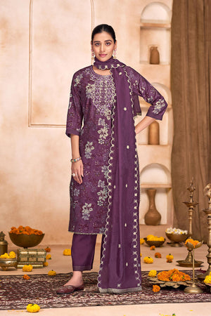 Violet Floral Printed Modal Chanderi Straight Cut Suit Set