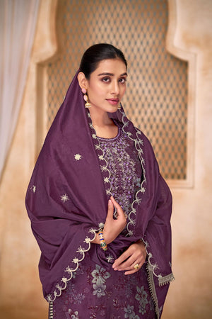 Violet Floral Printed Modal Chanderi Straight Cut Suit Set