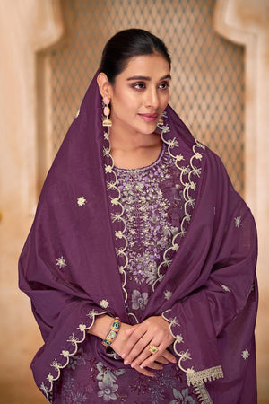 Violet Floral Printed Modal Chanderi Straight Cut Suit Set