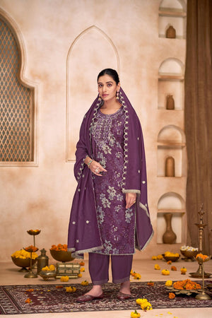 Violet Floral Printed Modal Chanderi Straight Cut Suit Set
