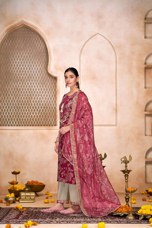 Maroon Floral Printed Modal Chanderi Straight Cut Suit Set
