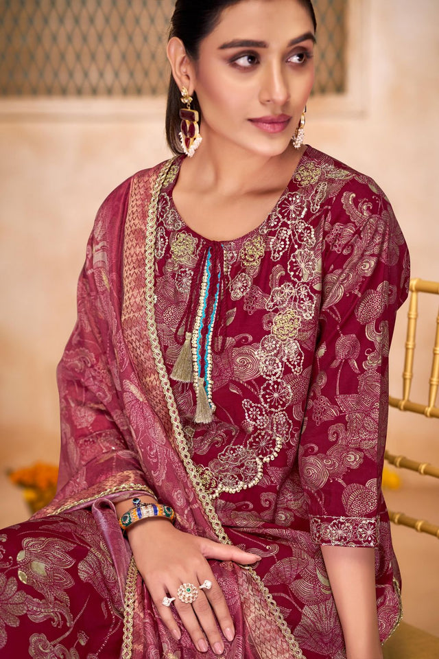 Maroon Floral Printed Modal Chanderi Straight Cut Suit Set
