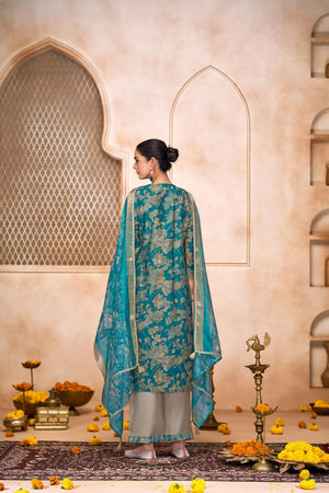 Sea Blue Floral Printed Modal Chanderi Straight Cut Suit Set