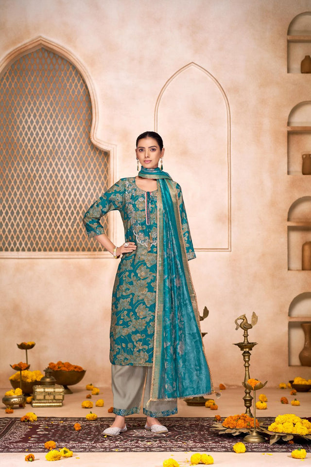 Sea Blue Floral Printed Modal Chanderi Straight Cut Suit Set