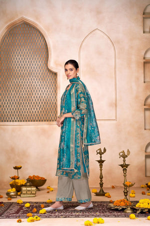 Sea Blue Floral Printed Modal Chanderi Straight Cut Suit Set