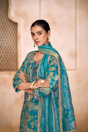 Sea Blue Floral Printed Modal Chanderi Straight Cut Suit Set