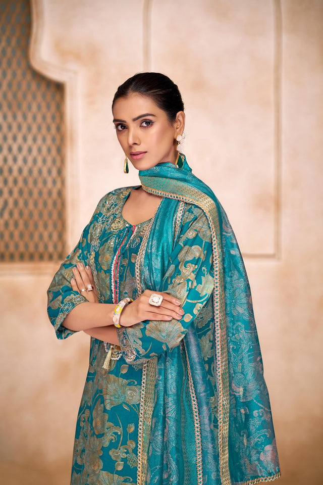 Sea Blue Floral Printed Modal Chanderi Straight Cut Suit Set
