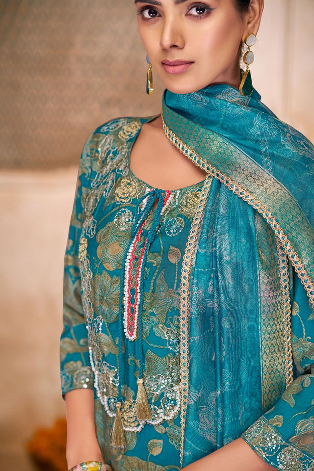 Sea Blue Floral Printed Modal Chanderi Straight Cut Suit Set
