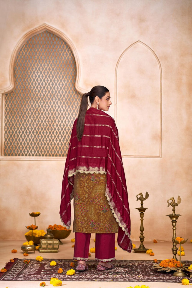 Brown Embroidered Modal Chanderi Straight Cut Suit Set