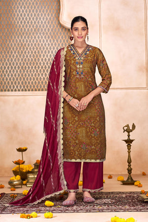Brown Embroidered Modal Chanderi Straight Cut Suit Set