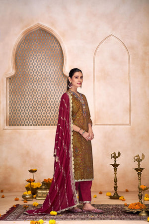 Brown Embroidered Modal Chanderi Straight Cut Suit Set