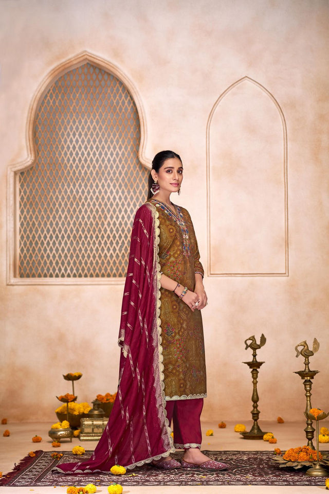 Brown Embroidered Modal Chanderi Straight Cut Suit Set