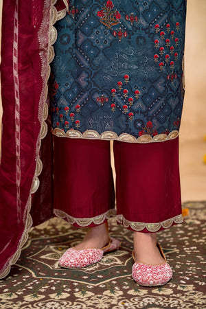 Navy Blue Embroidered Modal Chanderi Straight Cut Suit Set