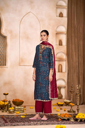 Navy Blue Embroidered Modal Chanderi Straight Cut Suit Set