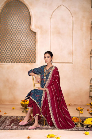 Navy Blue Embroidered Modal Chanderi Straight Cut Suit Set