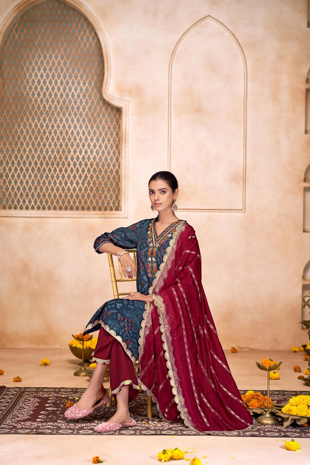 Navy Blue Embroidered Modal Chanderi Straight Cut Suit Set