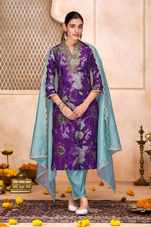 Violet Floral Printed Modal Chanderi Straight Cut Suit Set