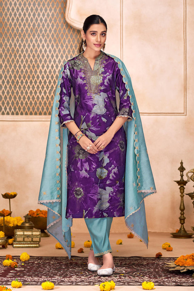 Violet Floral Printed Modal Chanderi Straight Cut Suit Set