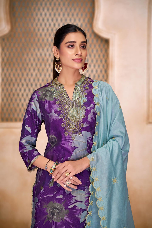 Violet Floral Printed Modal Chanderi Straight Cut Suit Set