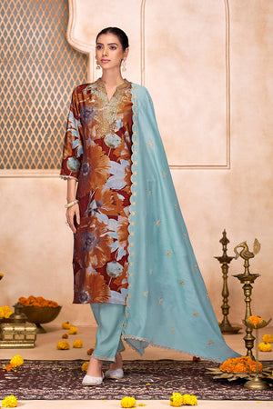 Rust Floral Printed Modal Chanderi Straight Cut Suit Set