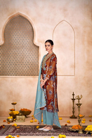 Rust Floral Printed Modal Chanderi Straight Cut Suit Set