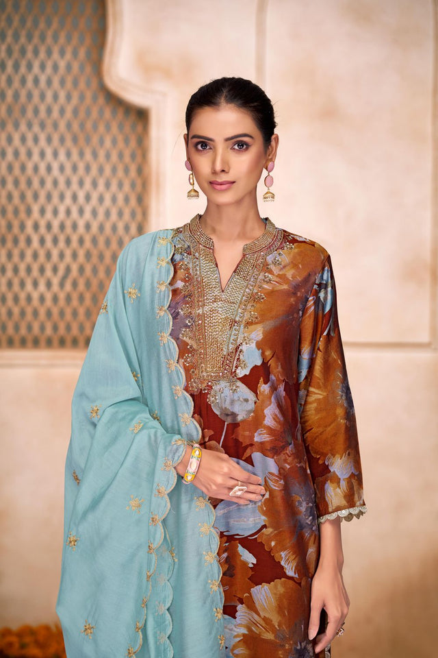 Rust Floral Printed Modal Chanderi Straight Cut Suit Set
