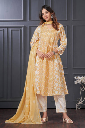 Yellow Floral Printed Cotton Kurti Pant Set