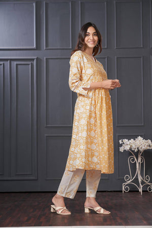 Yellow Floral Printed Cotton Kurti Pant Set