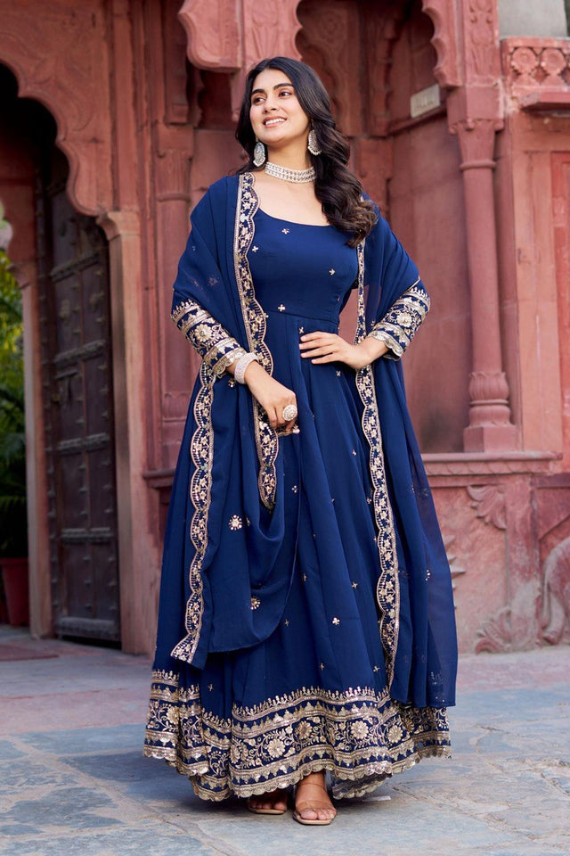 Blue Sequin with Floral Embroidered Georgette Anarkali Suit (Sp-23-Blue)