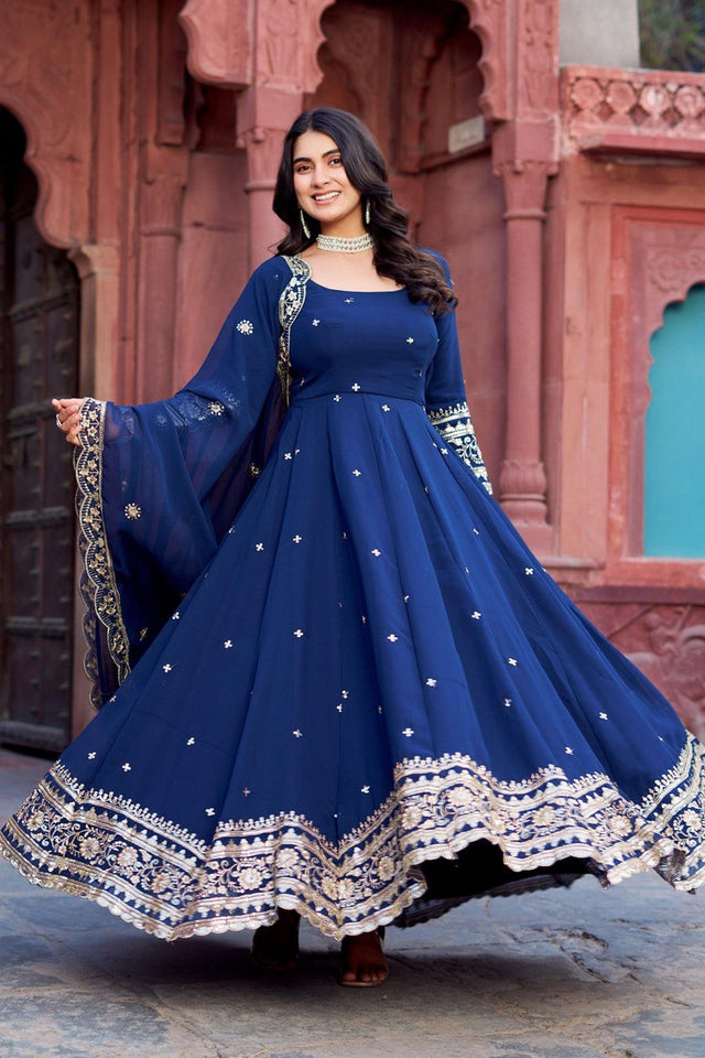 Blue Sequin with Floral Embroidered Georgette Anarkali Suit (Sp-23-Blue)