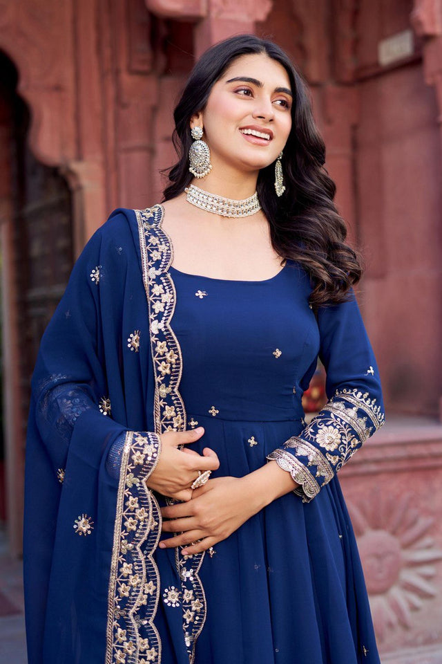 Blue Sequin with Floral Embroidered Georgette Anarkali Suit (Sp-23-Blue)