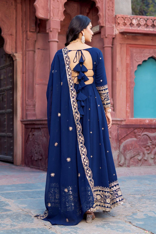 Blue Sequin with Floral Embroidered Georgette Anarkali Suit (Sp-23-Blue)