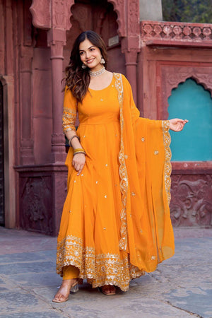 Mustard Sequin with Floral Embroidered Georgette Anarkali Suit (Sp-23-Mustard)
